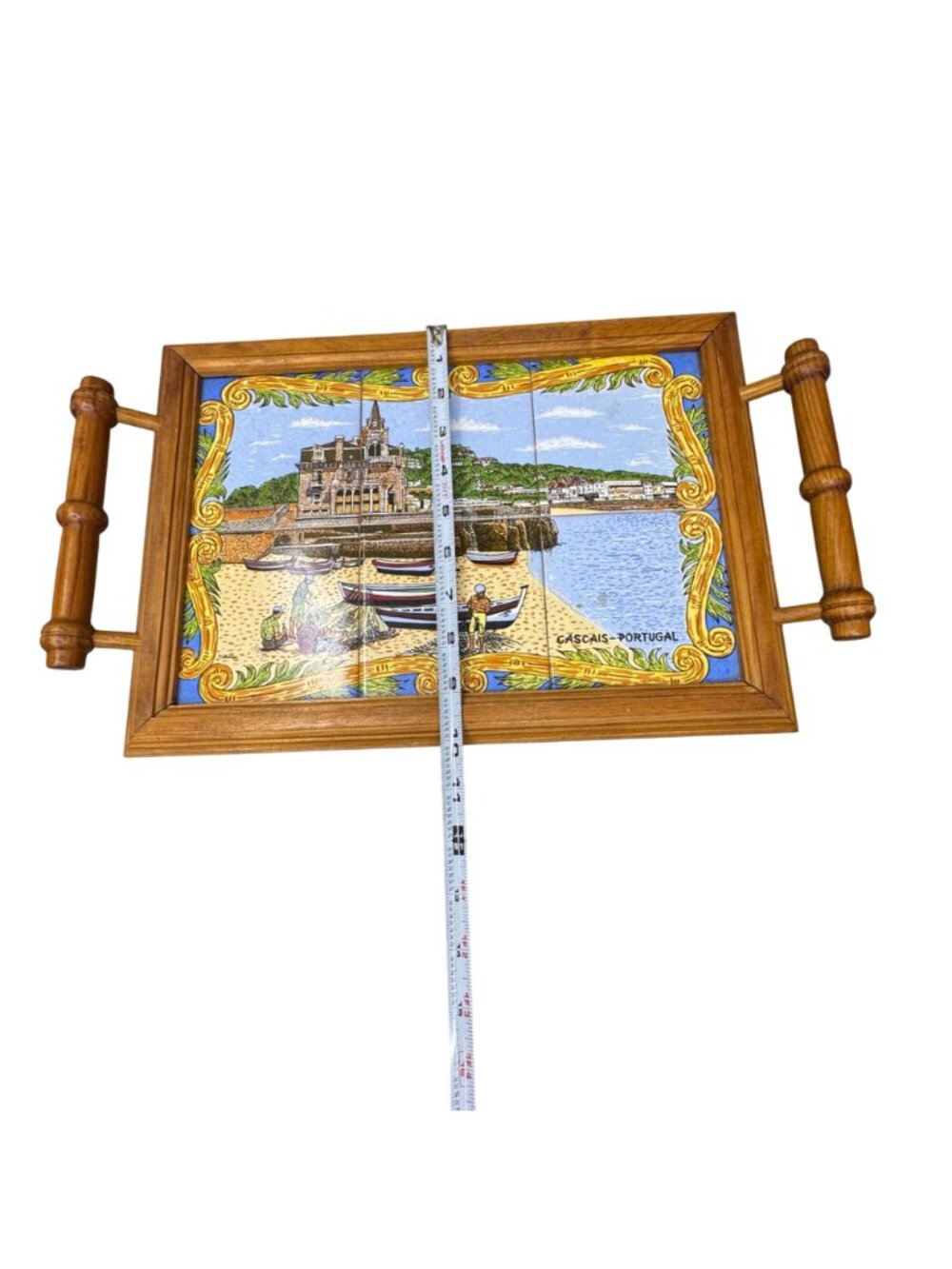 Portuguese Tile Serving Tray Wooden Frame & Handles Cascais Coastal Scene 17X10 - Picture 9 of 9